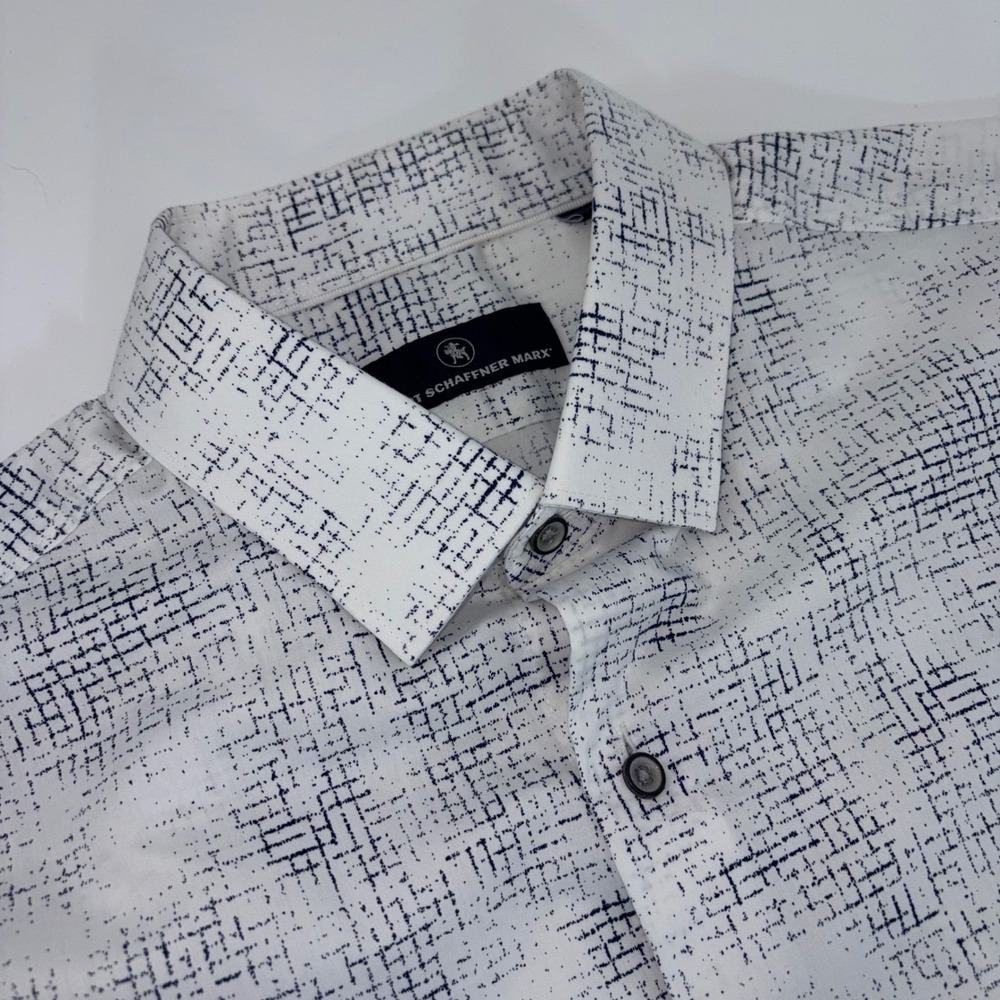 Hart Schaffner Marx Mens Large White Navy Blue‎ Grid Cotton Lyocell Button Shirt